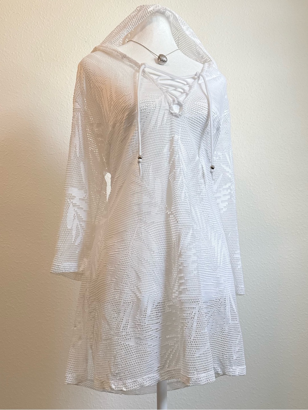 ANA Mesh Hooded Lace Up Mini Coverup Dress Tunic Festival Beach Boho